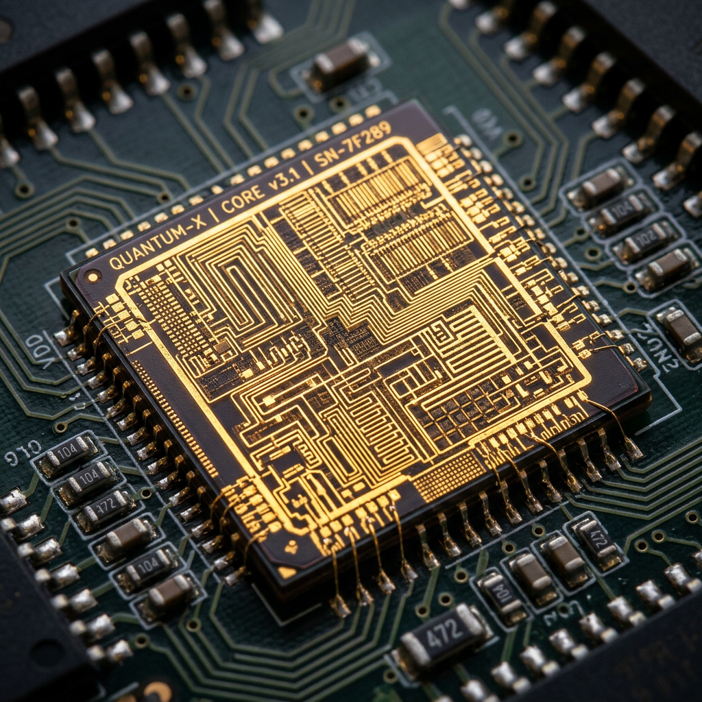 Quantum-X Core v3.1 microchip with gold circuitry mounted on a green circuit board