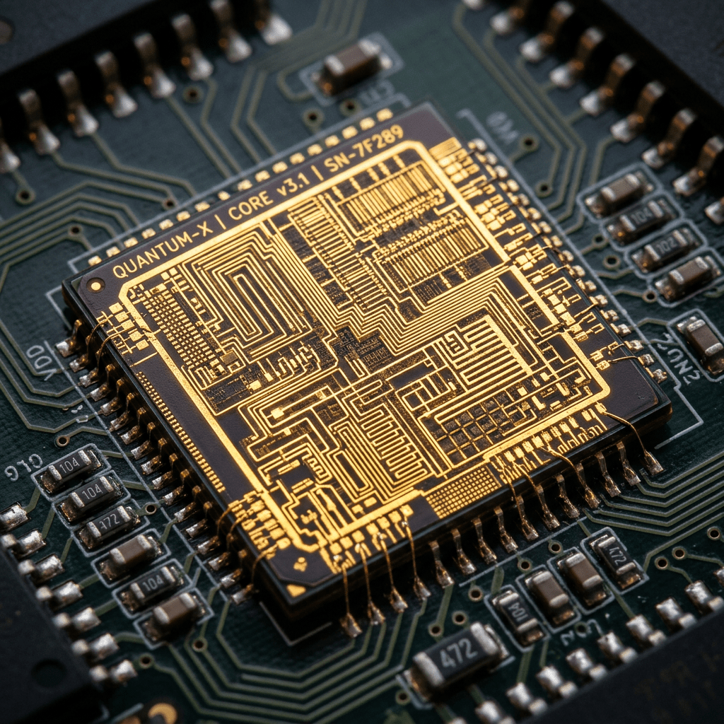 Quantum-X Core v3.1 microchip with gold circuitry mounted on a green circuit board