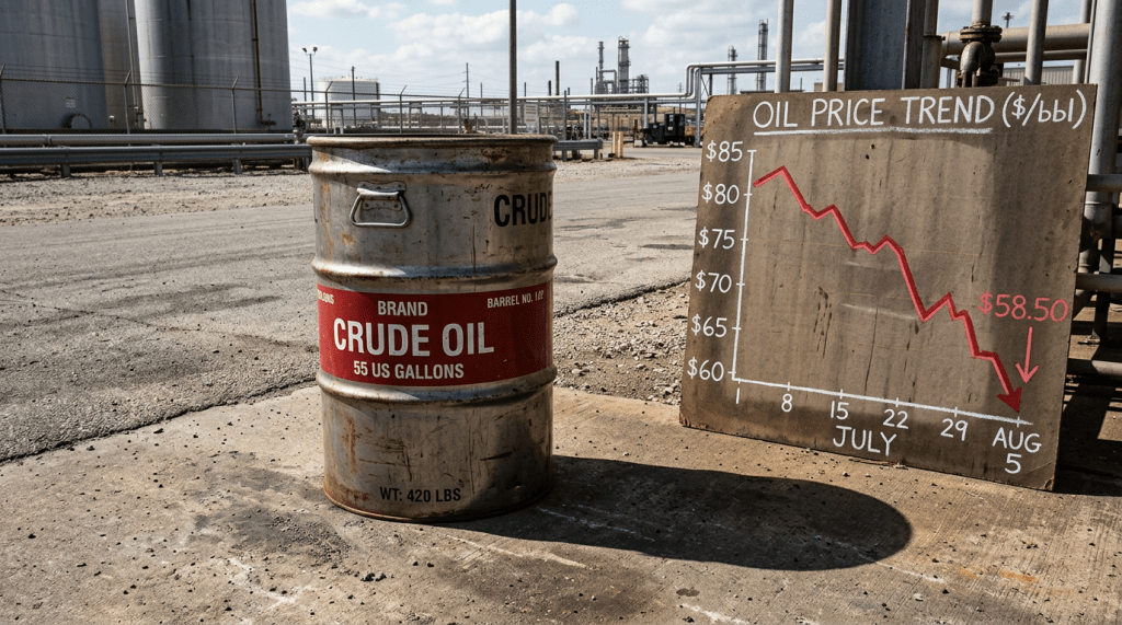Crude oil barrel beside a board showing oil price trend declining from $85 to $58.50