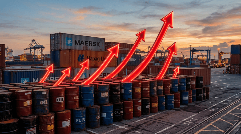 Stacks of oil and fuel barrels at a shipping port with red arrows pointing upward